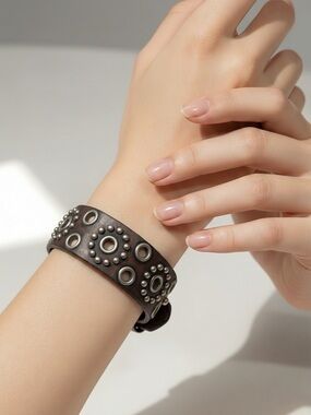 Vintage BoHo Brown Leather Bracelet Metal Studded Grommets Detail 9”